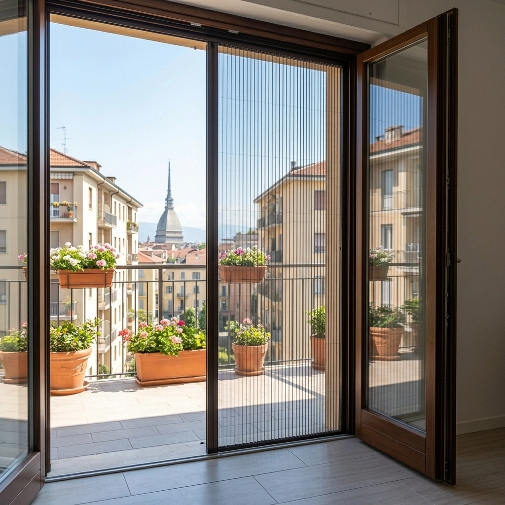 Zanzariera plissettata su misura per finestra a Torino, installazione senza opere murarie