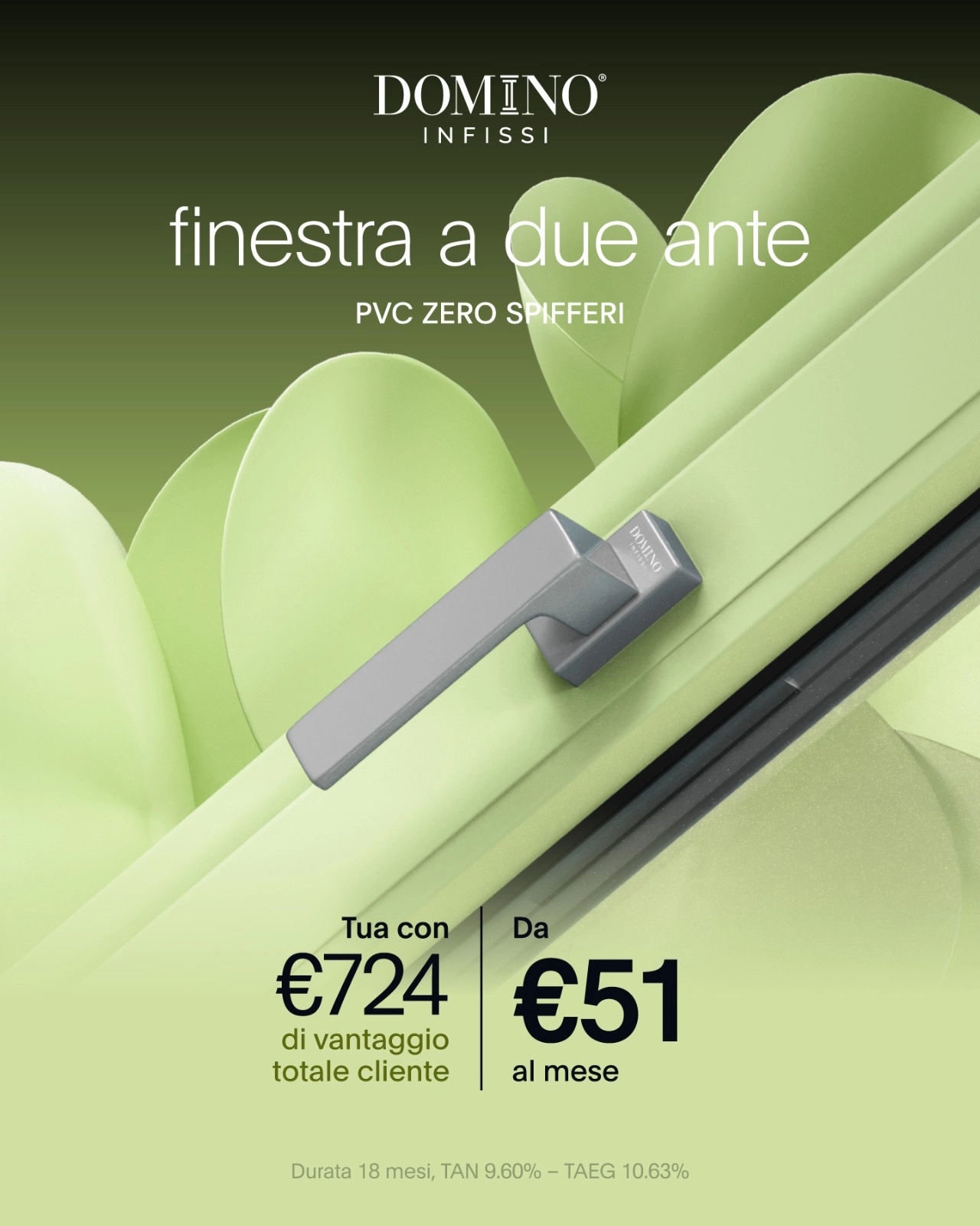 Promozione serramenti in pvc Domino da soli 51€ al mese con 724€ di vantaggio totale cliente.